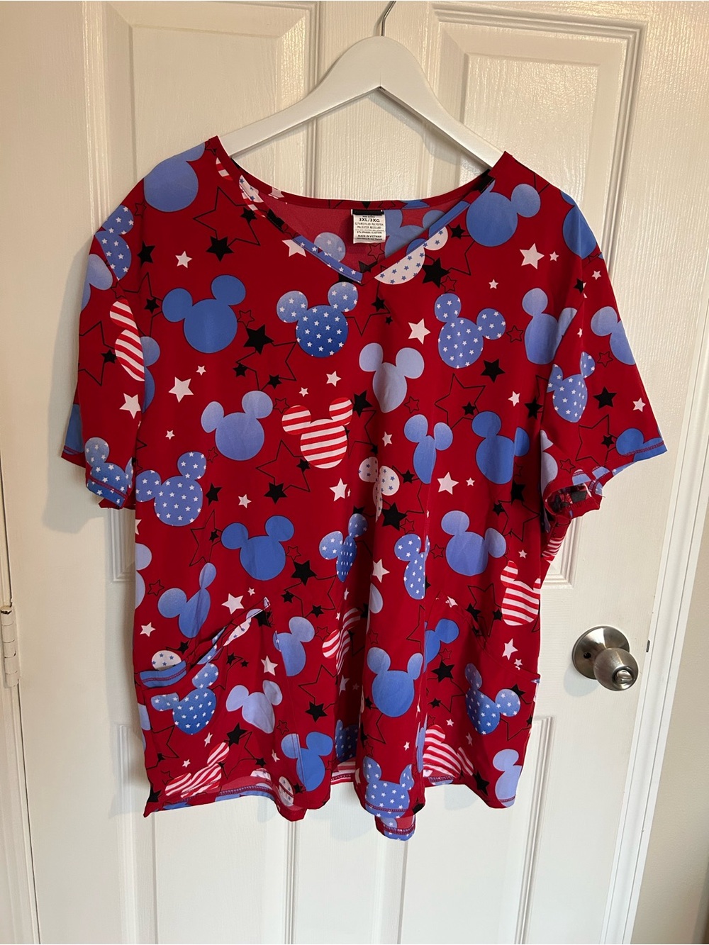Disney Red Scrub Short Sleeve Top with Blue Mickey Print and Stars